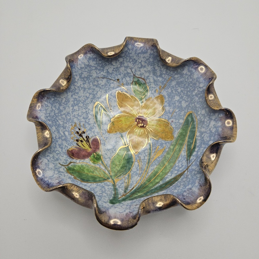 Trinket Dish Blue Yellow Gold Good Hand Painted Floral Ruffled Scalloped Edge